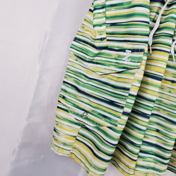 Izod Board Shorts Yellow Green Blue Stripe 3 Pockets Swim Trunks Mesh Men Sz M - Picture 6 of 10